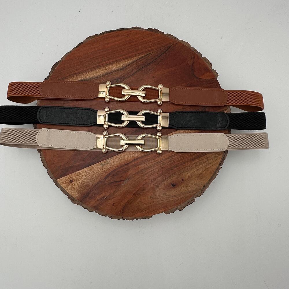 NWOT Women Stretchy Skinny Belt Size L Elastic Gold Buckle Minimalist Retro 39in - Picture 1 of 6